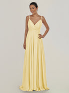 KissDress-Risa Pastel Yellow A Line Chiffon V Neck Long Bridesmaid Dress with Pleats