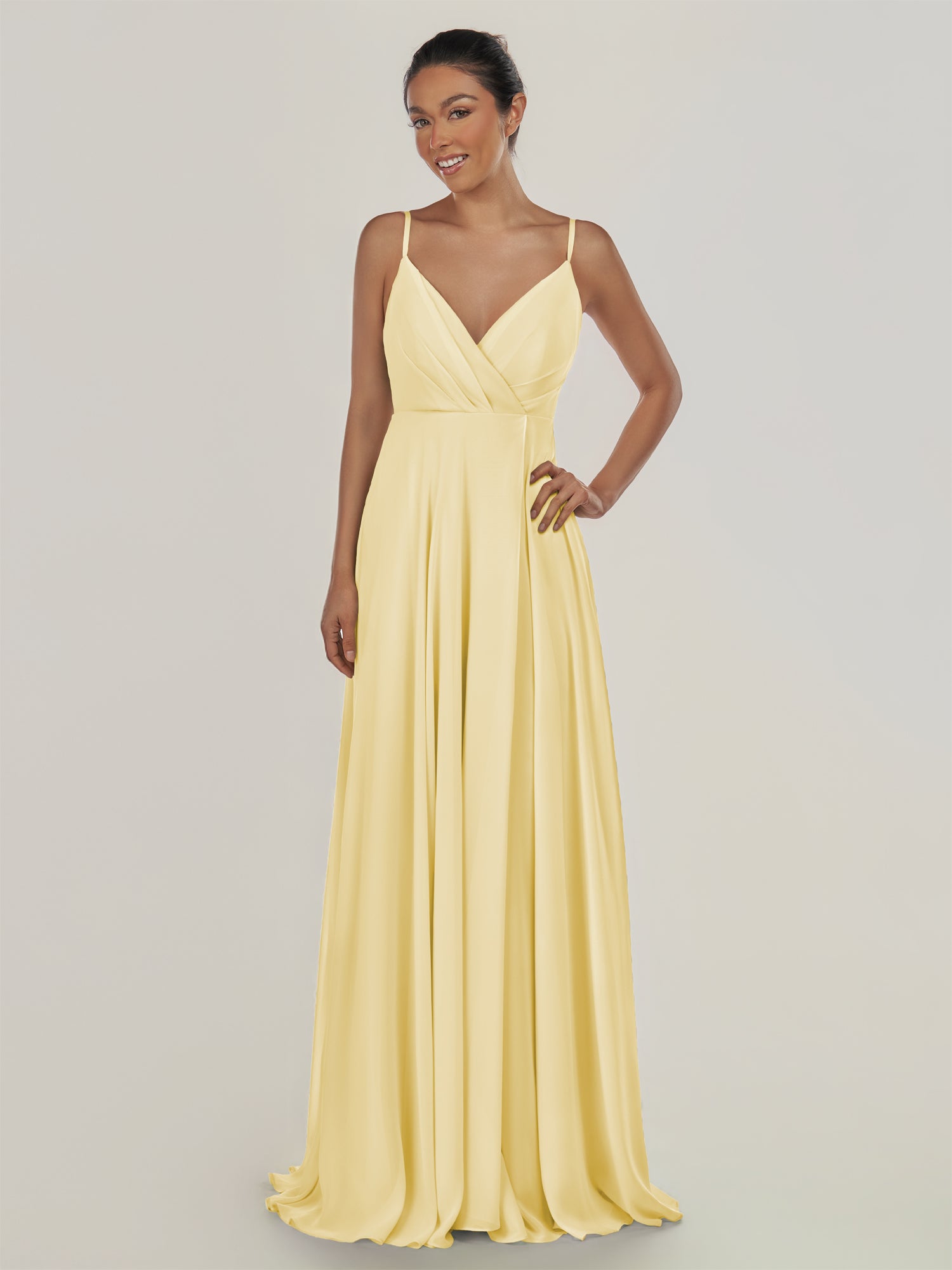 KissDress-Risa Pastel Yellow A Line Chiffon V Neck Long Bridesmaid Dress with Pleats
