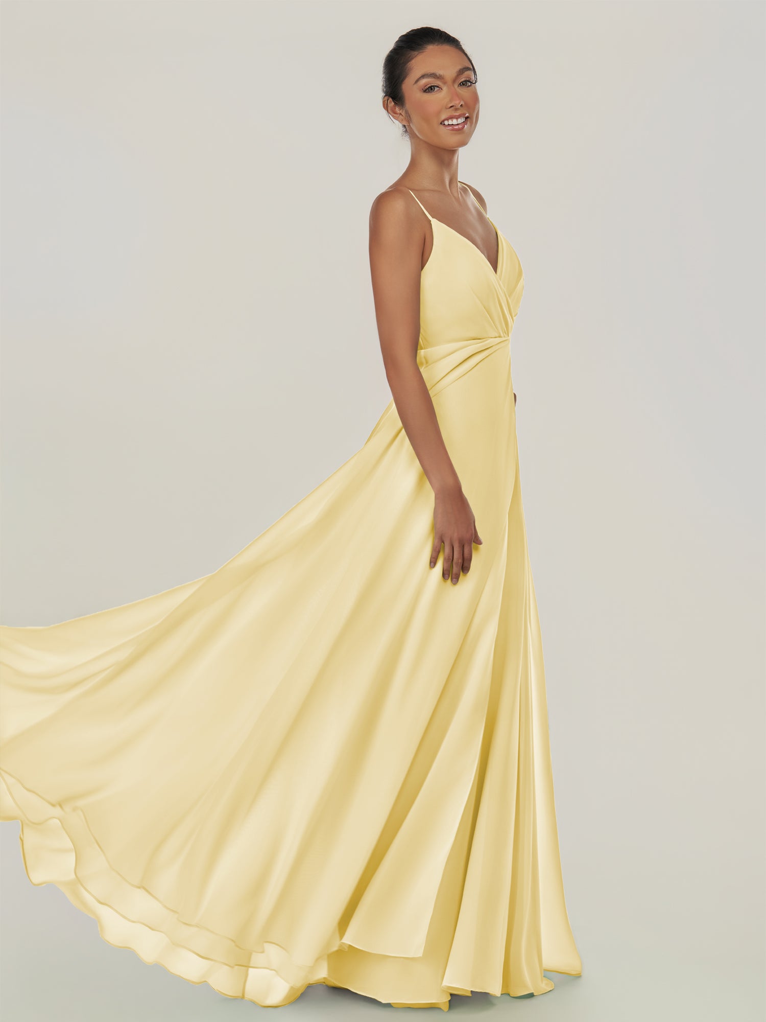 KissDress-Risa Pastel Yellow A Line Chiffon V Neck Long Bridesmaid Dress with Pleats
