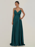 KissDress-Risa Pine A Line Chiffon V Neck Long Bridesmaid Dress with Pleats