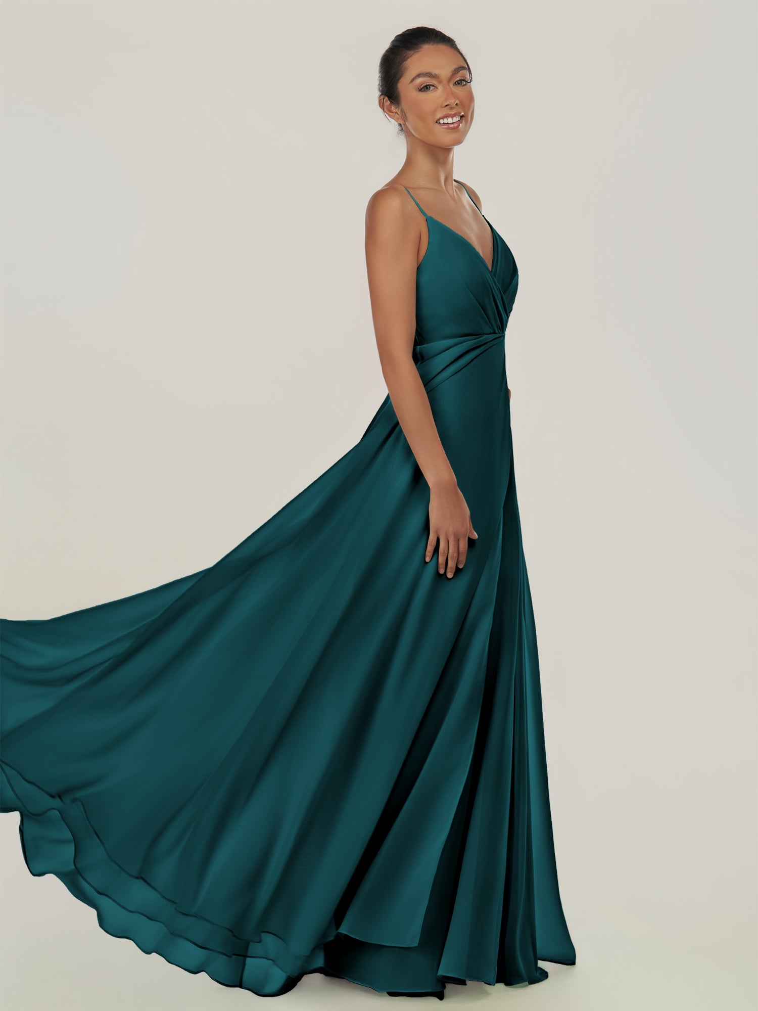 KissDress-Risa Pine A Line Chiffon V Neck Long Bridesmaid Dress with Pleats