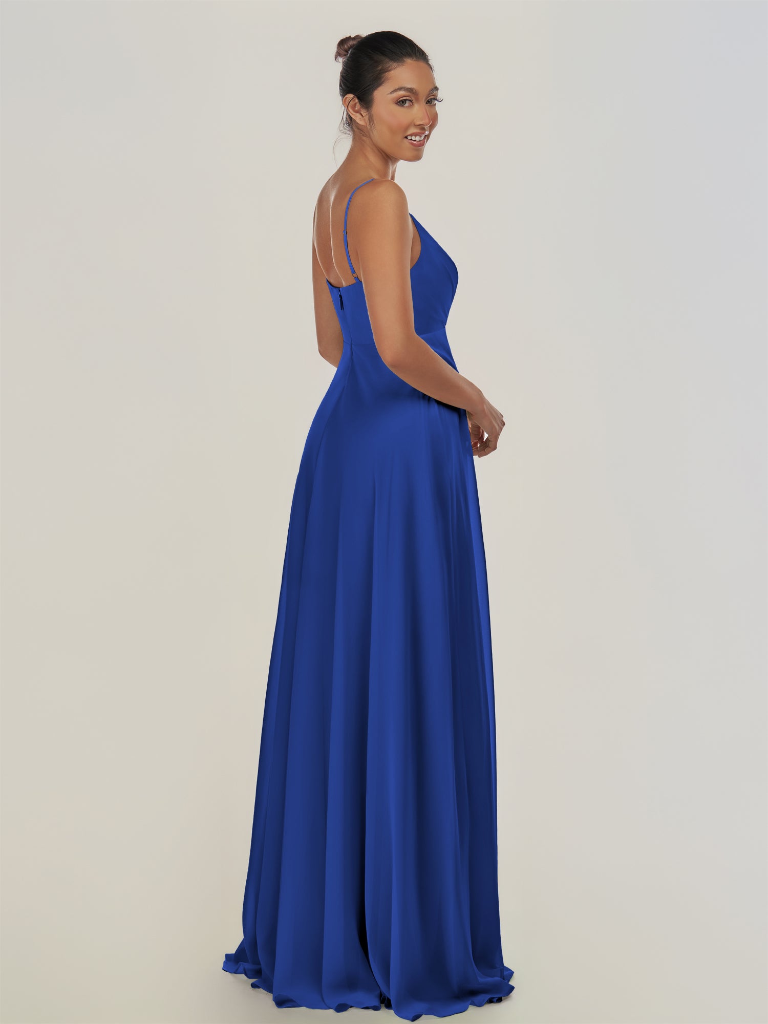 KissDress-Risa Royal Blue A Line Chiffon V Neck Long Bridesmaid Dress with Pleats