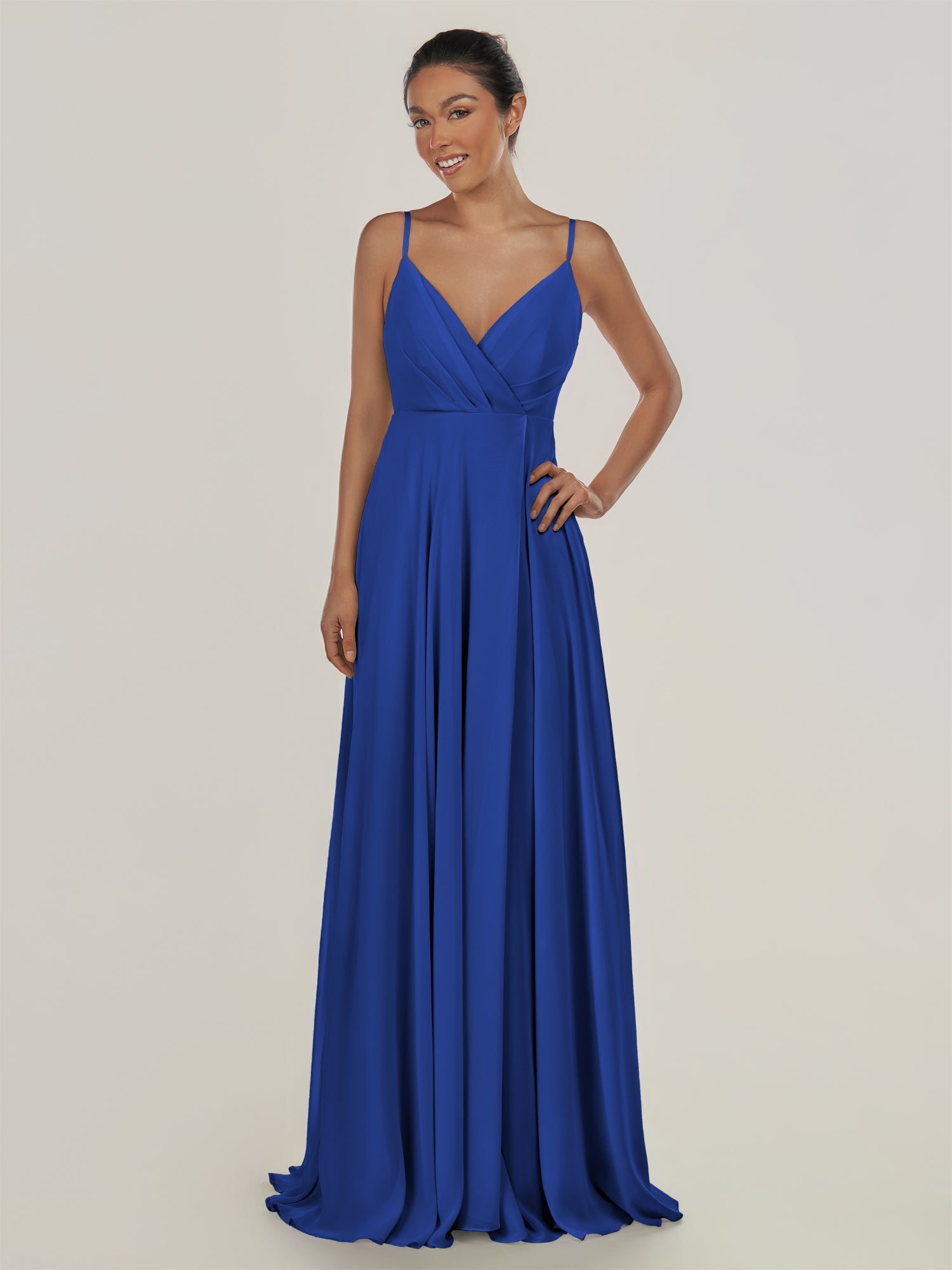 KissDress-Risa Royal Blue A Line Chiffon V Neck Long Bridesmaid Dress with Pleats