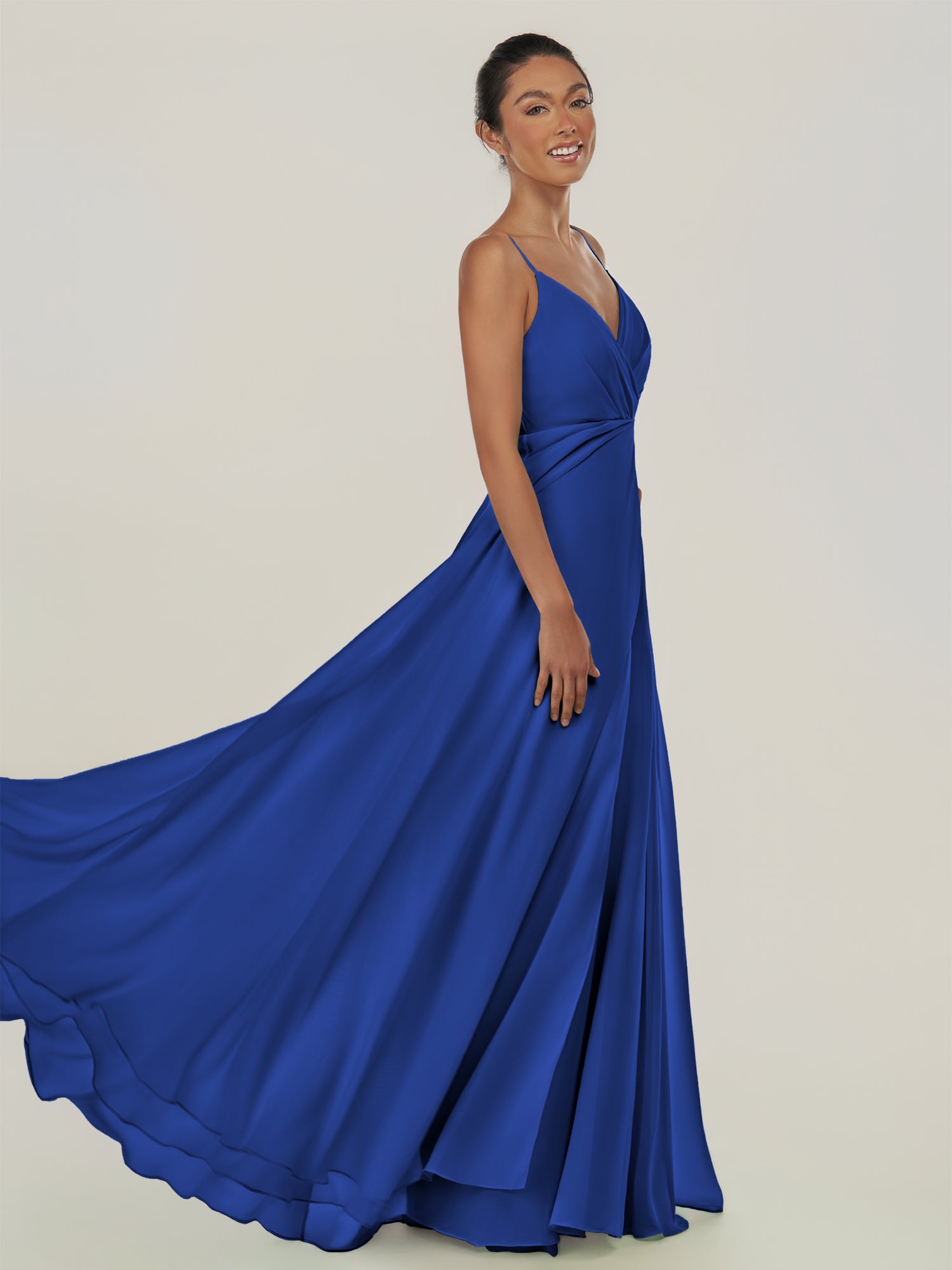 KissDress-Risa Royal Blue A Line Chiffon V Neck Long Bridesmaid Dress with Pleats