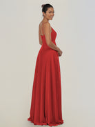KissDress-Risa Ruby Red A Line Chiffon V Neck Long Bridesmaid Dress with Pleats