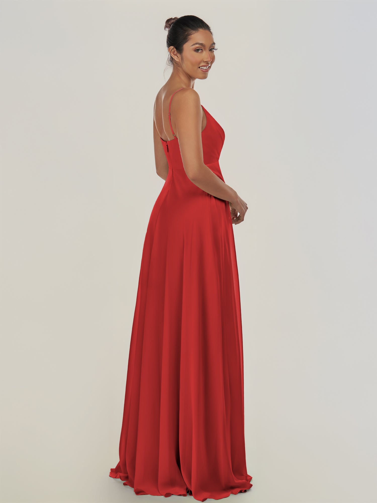 KissDress-Risa Ruby Red A Line Chiffon V Neck Long Bridesmaid Dress with Pleats