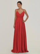 KissDress-Risa Ruby Red A Line Chiffon V Neck Long Bridesmaid Dress with Pleats