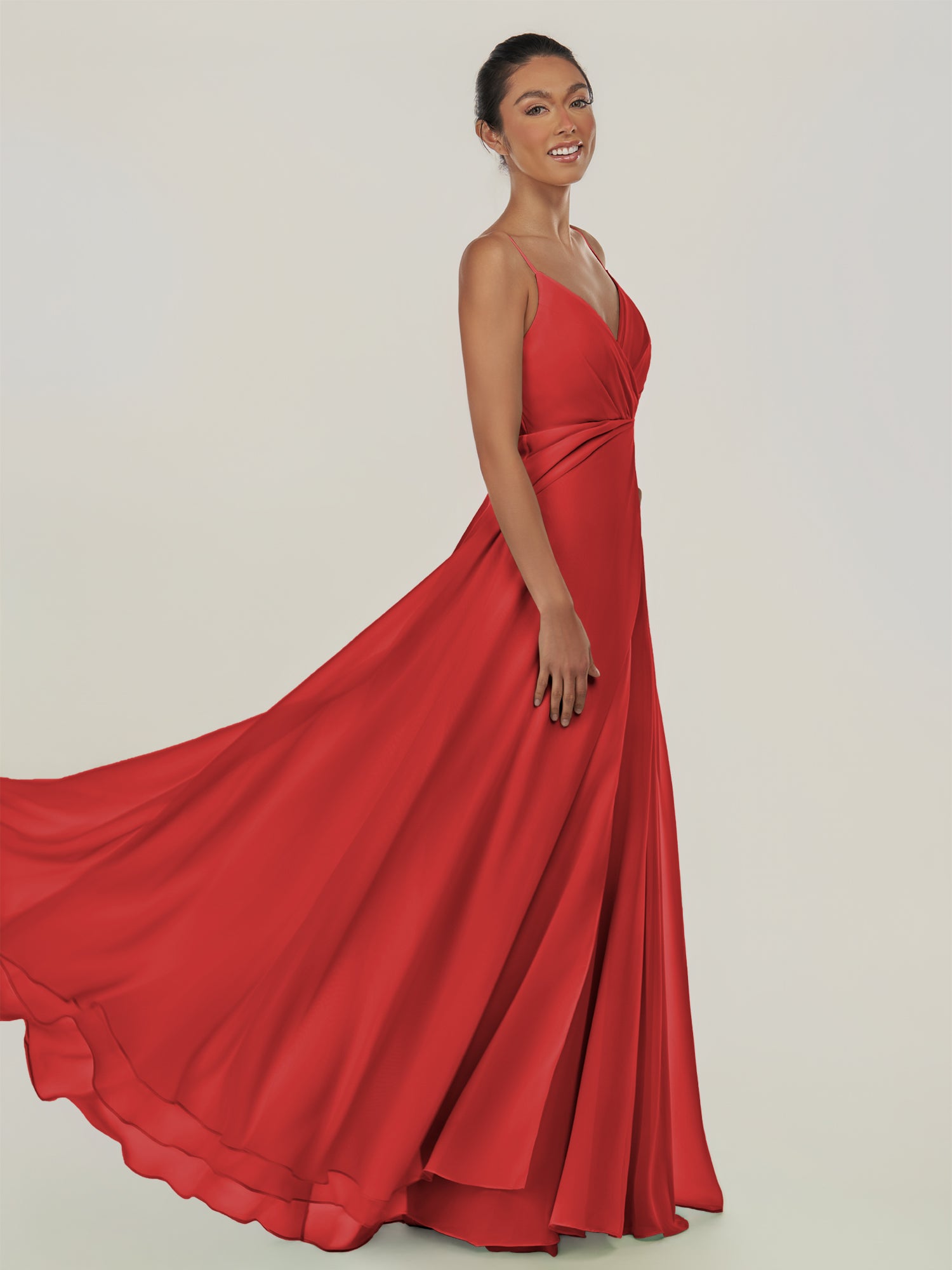 KissDress-Risa Ruby Red A Line Chiffon V Neck Long Bridesmaid Dress with Pleats