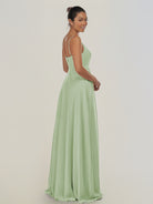 KissDress-Risa Sage A Line Chiffon V Neck Long Bridesmaid Dress with Pleats