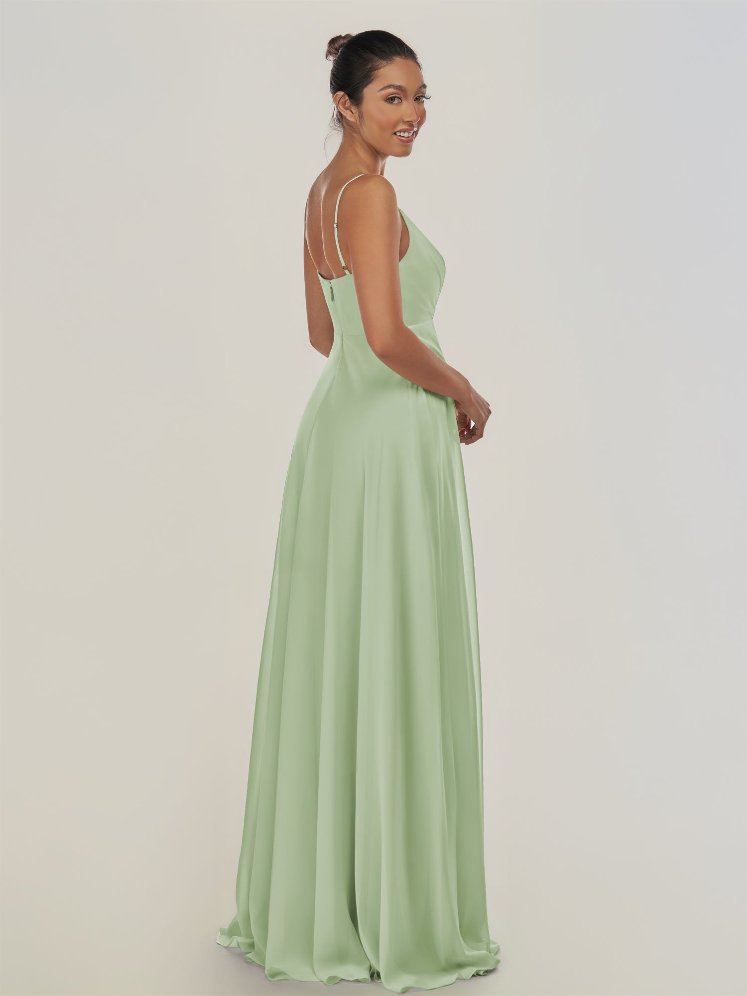 KissDress-Risa Sage A Line Chiffon V Neck Long Bridesmaid Dress with Pleats