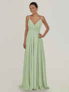KissDress-Risa Sage A Line Chiffon V Neck Long Bridesmaid Dress with Pleats