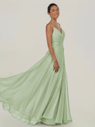 KissDress-Risa Sage A Line Chiffon V Neck Long Bridesmaid Dress with Pleats