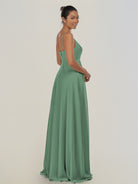 KissDress-Risa Sea Glass A Line Chiffon V Neck Long Bridesmaid Dress with Pleats