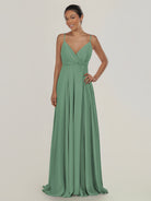 KissDress-Risa Sea Glass A Line Chiffon V Neck Long Bridesmaid Dress with Pleats