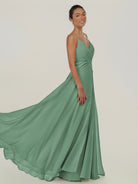 KissDress-Risa Sea Glass A Line Chiffon V Neck Long Bridesmaid Dress with Pleats
