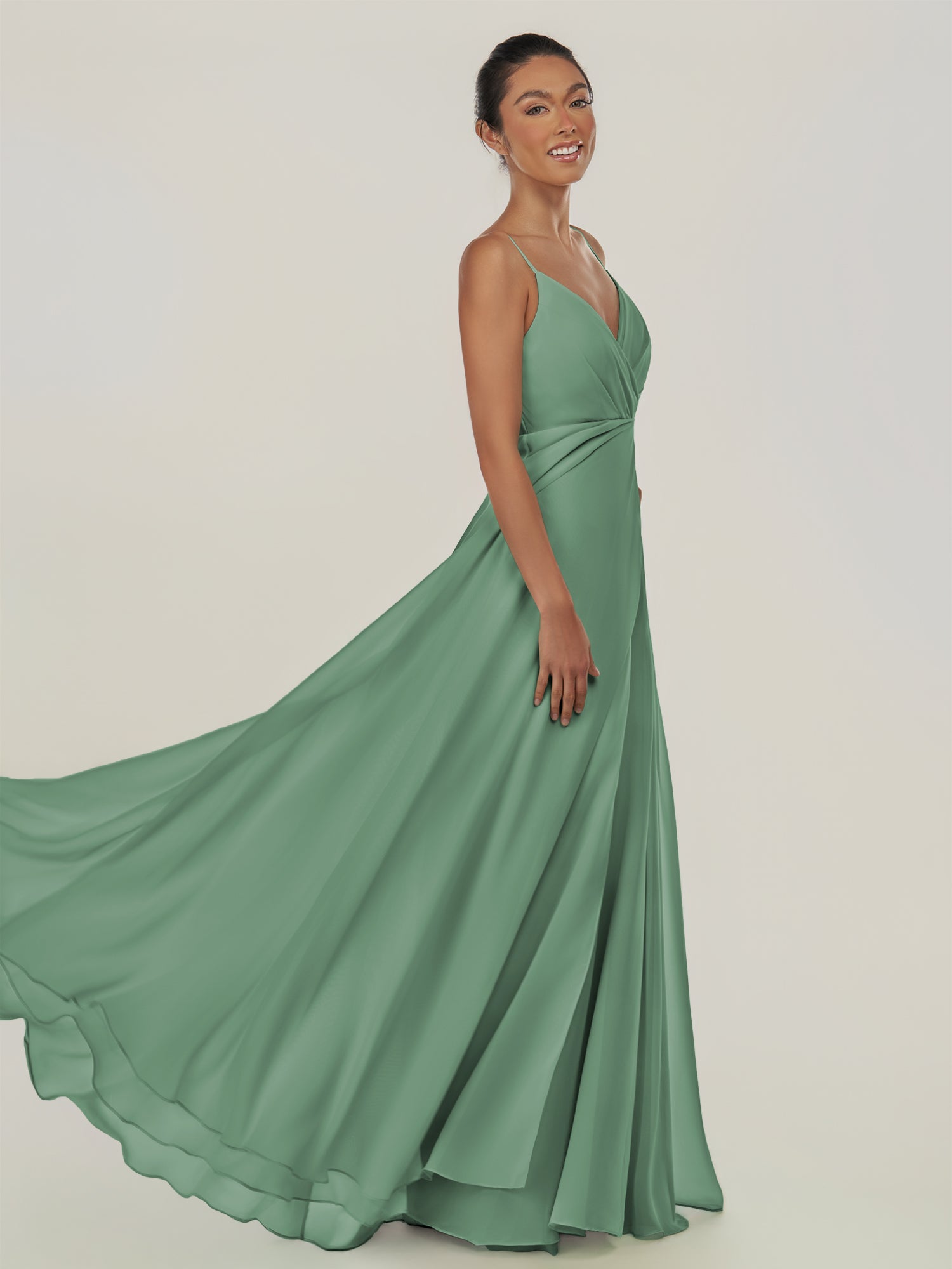 KissDress-Risa Sea Glass A Line Chiffon V Neck Long Bridesmaid Dress with Pleats