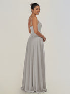 KissDress-Risa Silver A Line Chiffon V Neck Long Bridesmaid Dress with Pleats