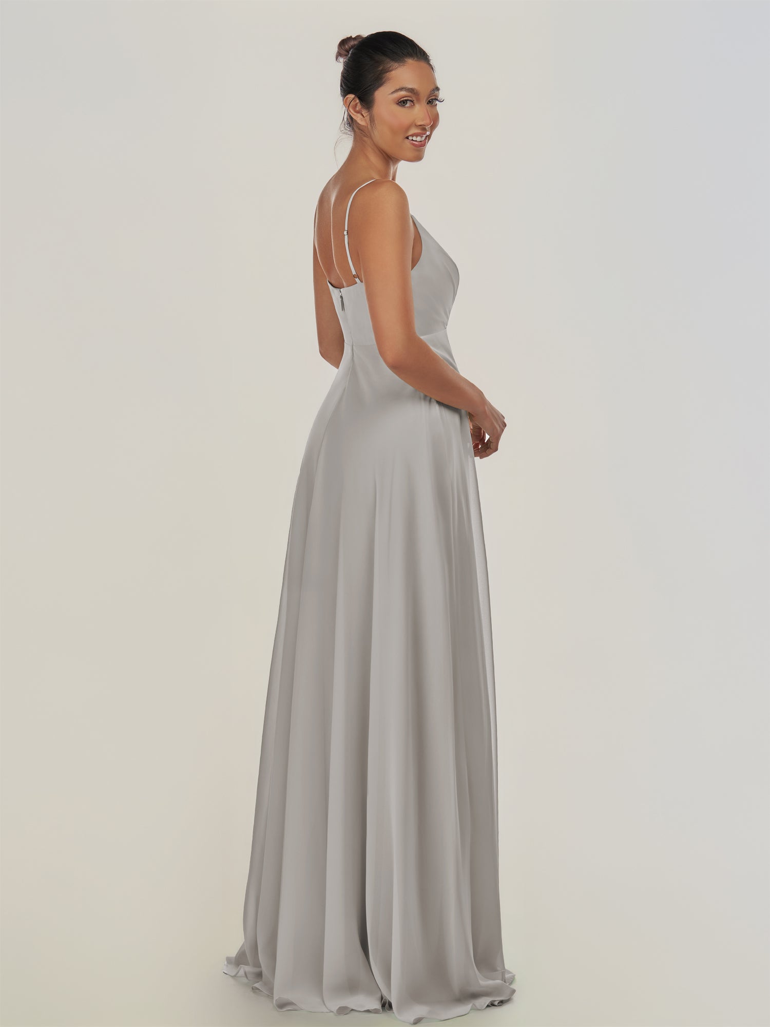 KissDress-Risa Silver A Line Chiffon V Neck Long Bridesmaid Dress with Pleats