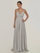 KissDress-Risa Silver A Line Chiffon V Neck Long Bridesmaid Dress with Pleats