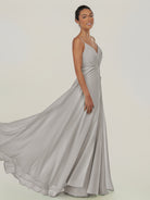 KissDress-Risa Silver A Line Chiffon V Neck Long Bridesmaid Dress with Pleats