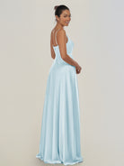 KissDress-Risa Sky Blue A Line Chiffon V Neck Long Bridesmaid Dress with Pleats