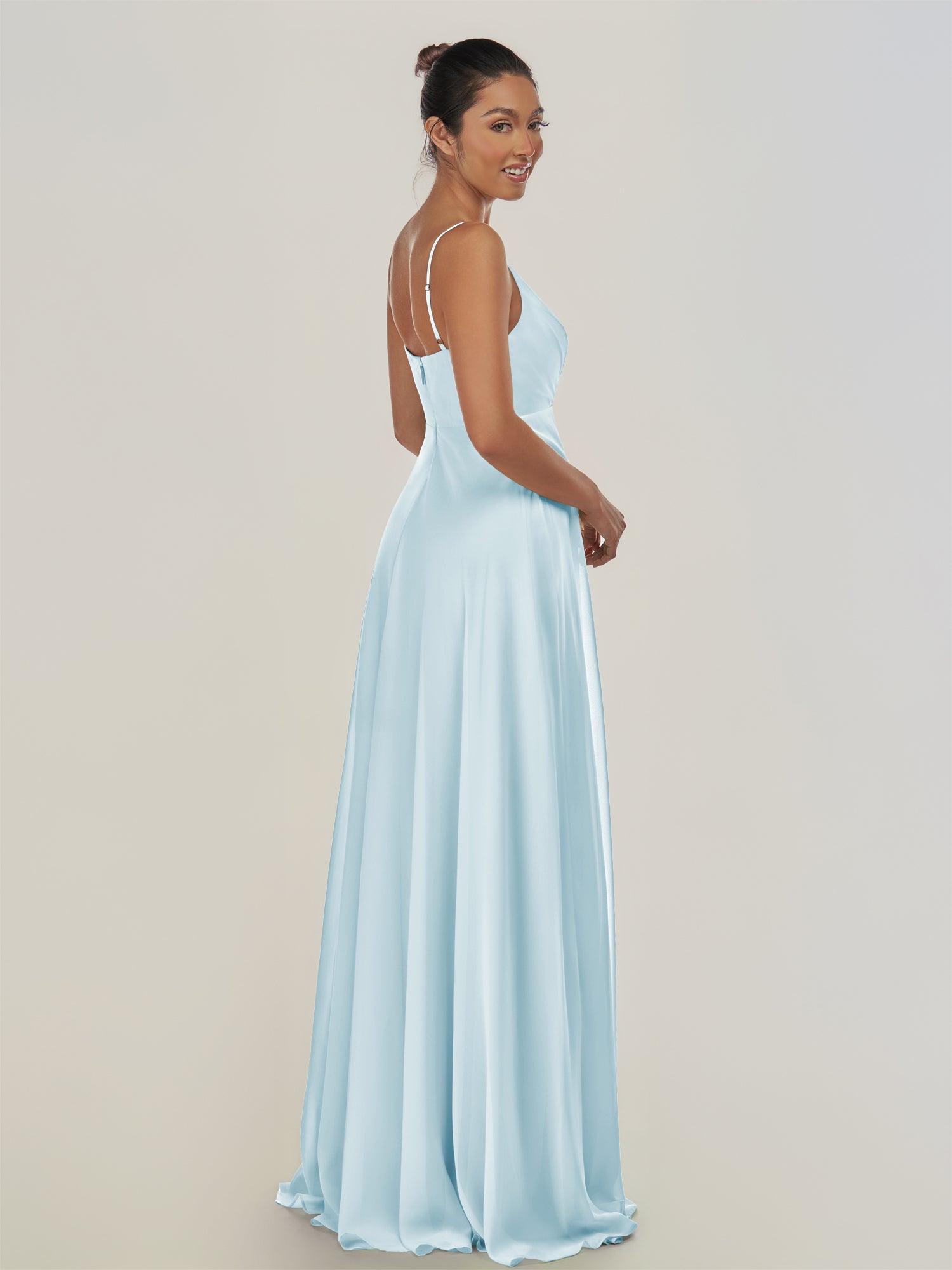 KissDress-Risa Sky Blue A Line Chiffon V Neck Long Bridesmaid Dress with Pleats