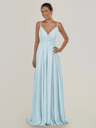 KissDress-Risa Sky Blue A Line Chiffon V Neck Long Bridesmaid Dress with Pleats
