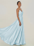 KissDress-Risa Sky Blue A Line Chiffon V Neck Long Bridesmaid Dress with Pleats