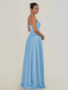 KissDress-Risa Steel Blue A Line Chiffon V Neck Long Bridesmaid Dress with Pleats
