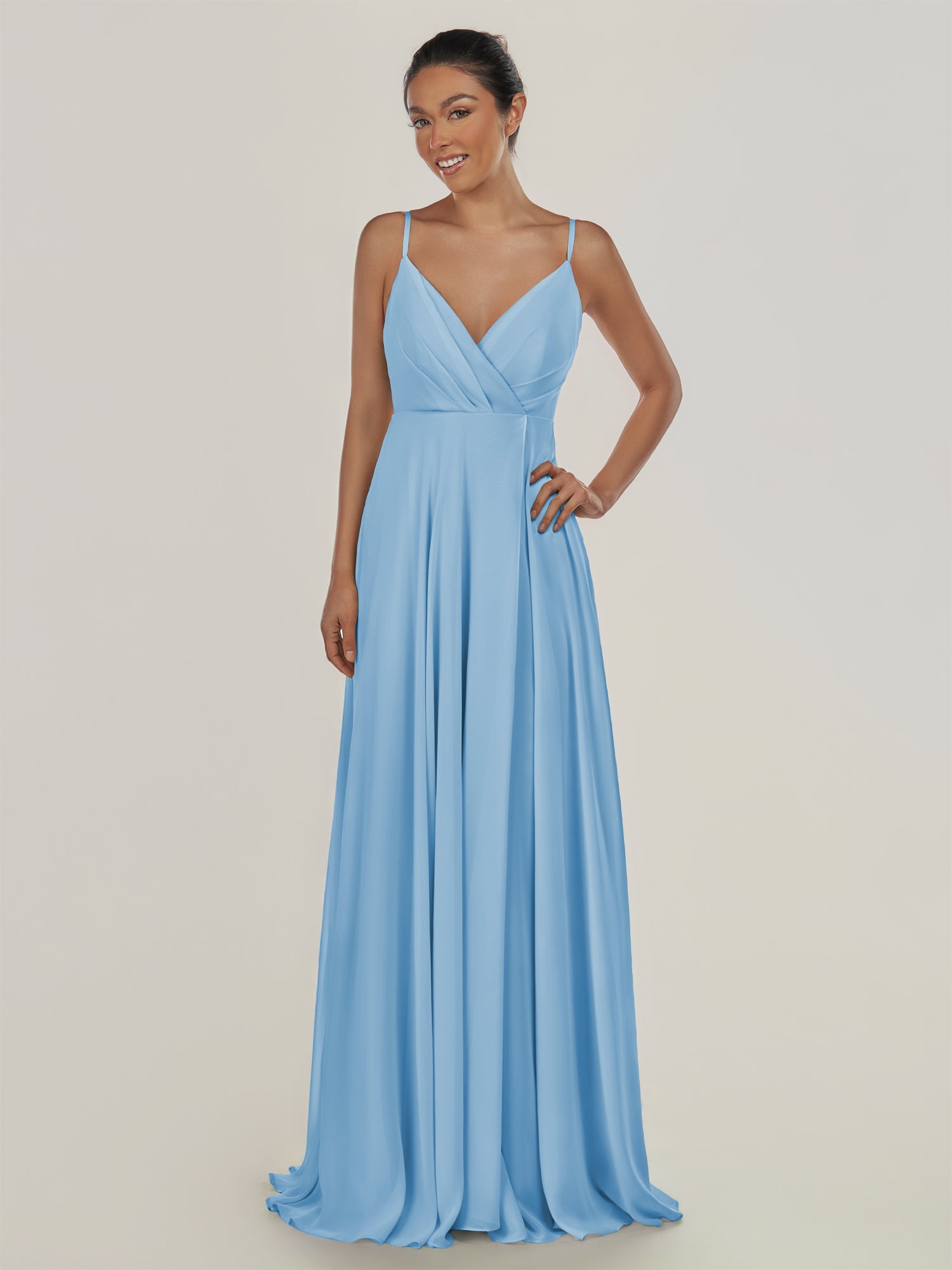 KissDress-Risa Steel Blue A Line Chiffon V Neck Long Bridesmaid Dress with Pleats