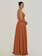 KissDress-Risa Terracotta A Line Chiffon V Neck Long Bridesmaid Dress with Pleats