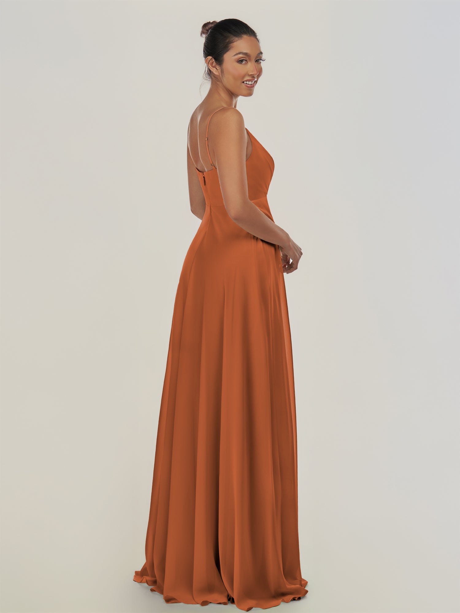 KissDress-Risa Terracotta A Line Chiffon V Neck Long Bridesmaid Dress with Pleats