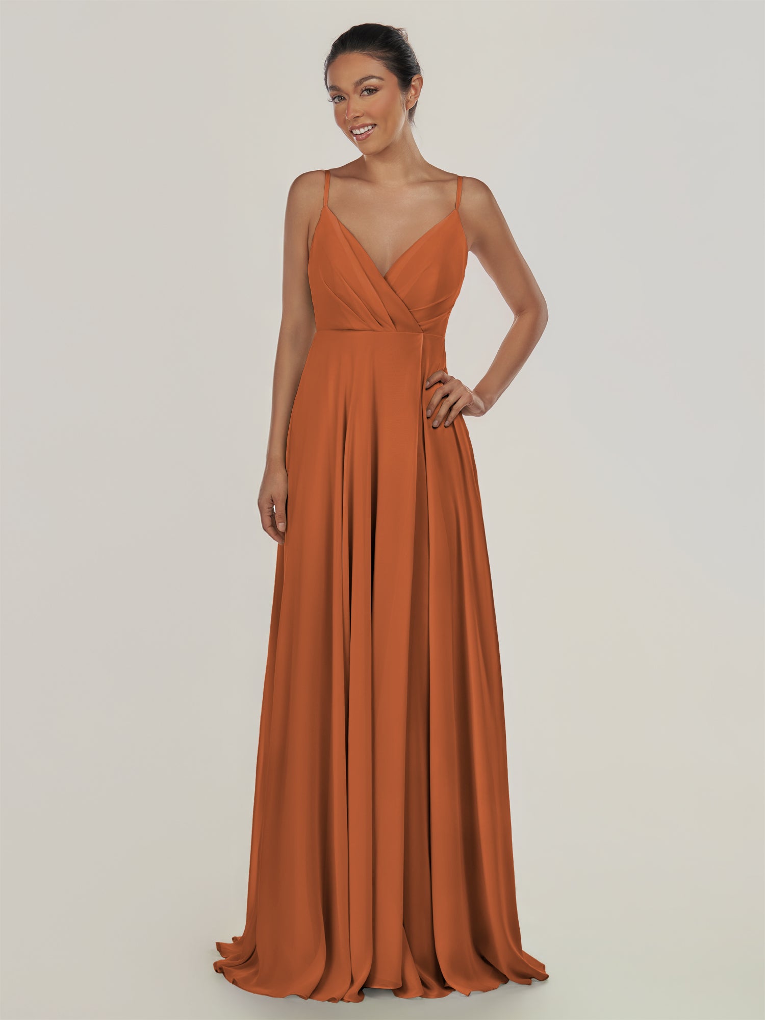KissDress-Risa Terracotta A Line Chiffon V Neck Long Bridesmaid Dress with Pleats