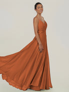 KissDress-Risa Terracotta A Line Chiffon V Neck Long Bridesmaid Dress with Pleats