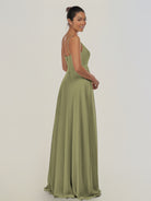 KissDress-Risa Thyme A Line Chiffon V Neck Long Bridesmaid Dress with Pleats