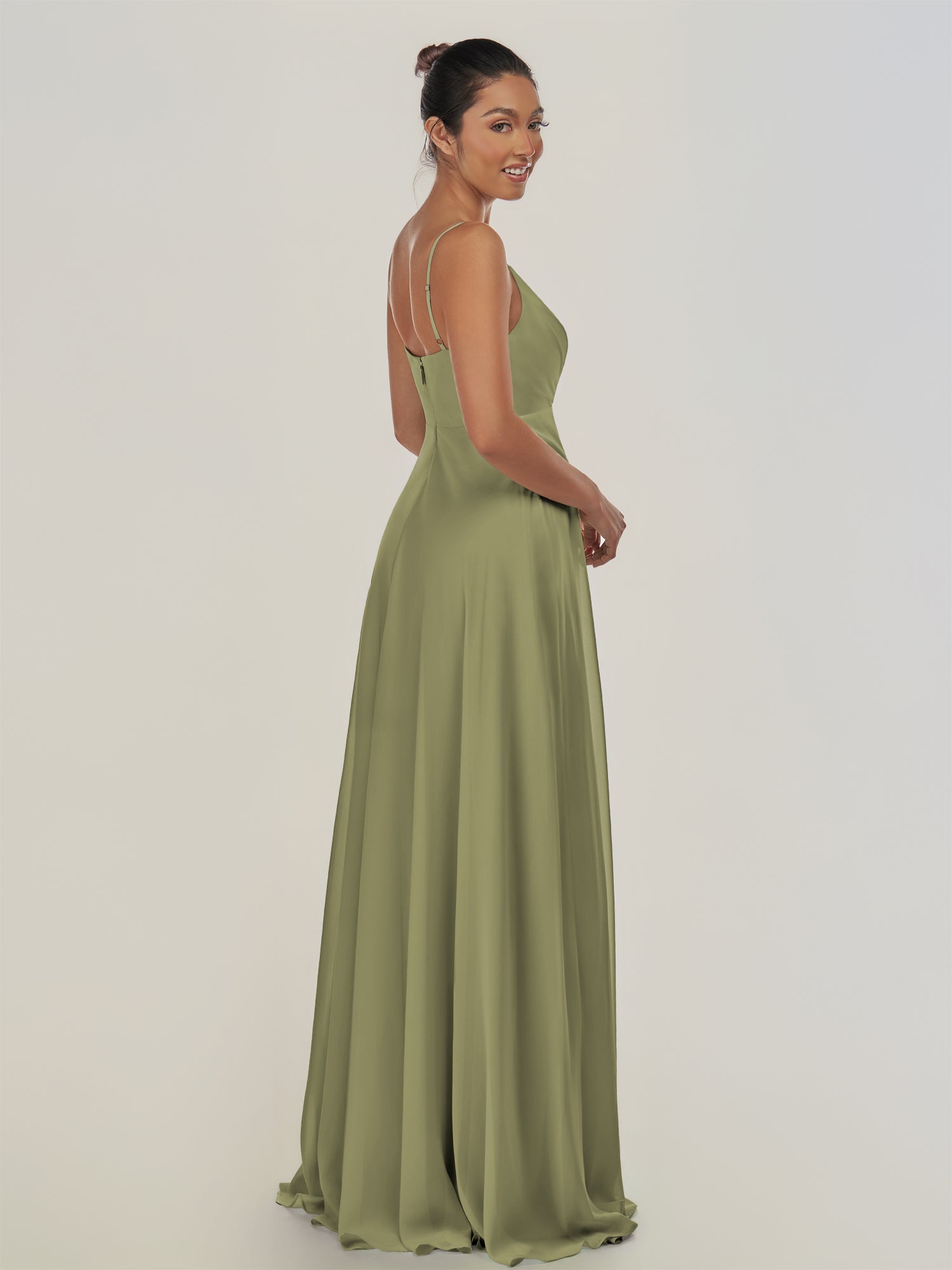 KissDress-Risa Thyme A Line Chiffon V Neck Long Bridesmaid Dress with Pleats