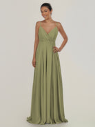 KissDress-Risa Thyme A Line Chiffon V Neck Long Bridesmaid Dress with Pleats