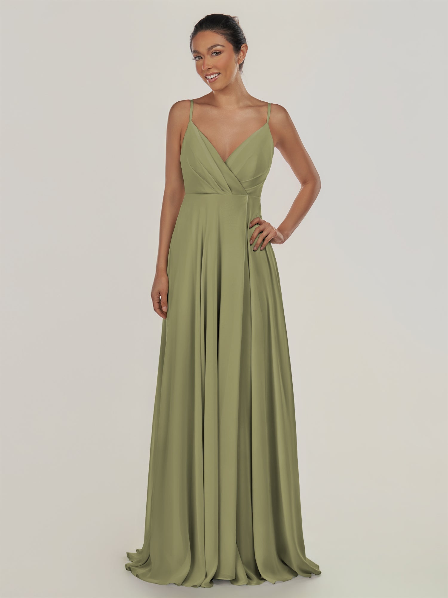 KissDress-Risa Thyme A Line Chiffon V Neck Long Bridesmaid Dress with Pleats