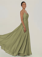 KissDress-Risa Thyme A Line Chiffon V Neck Long Bridesmaid Dress with Pleats