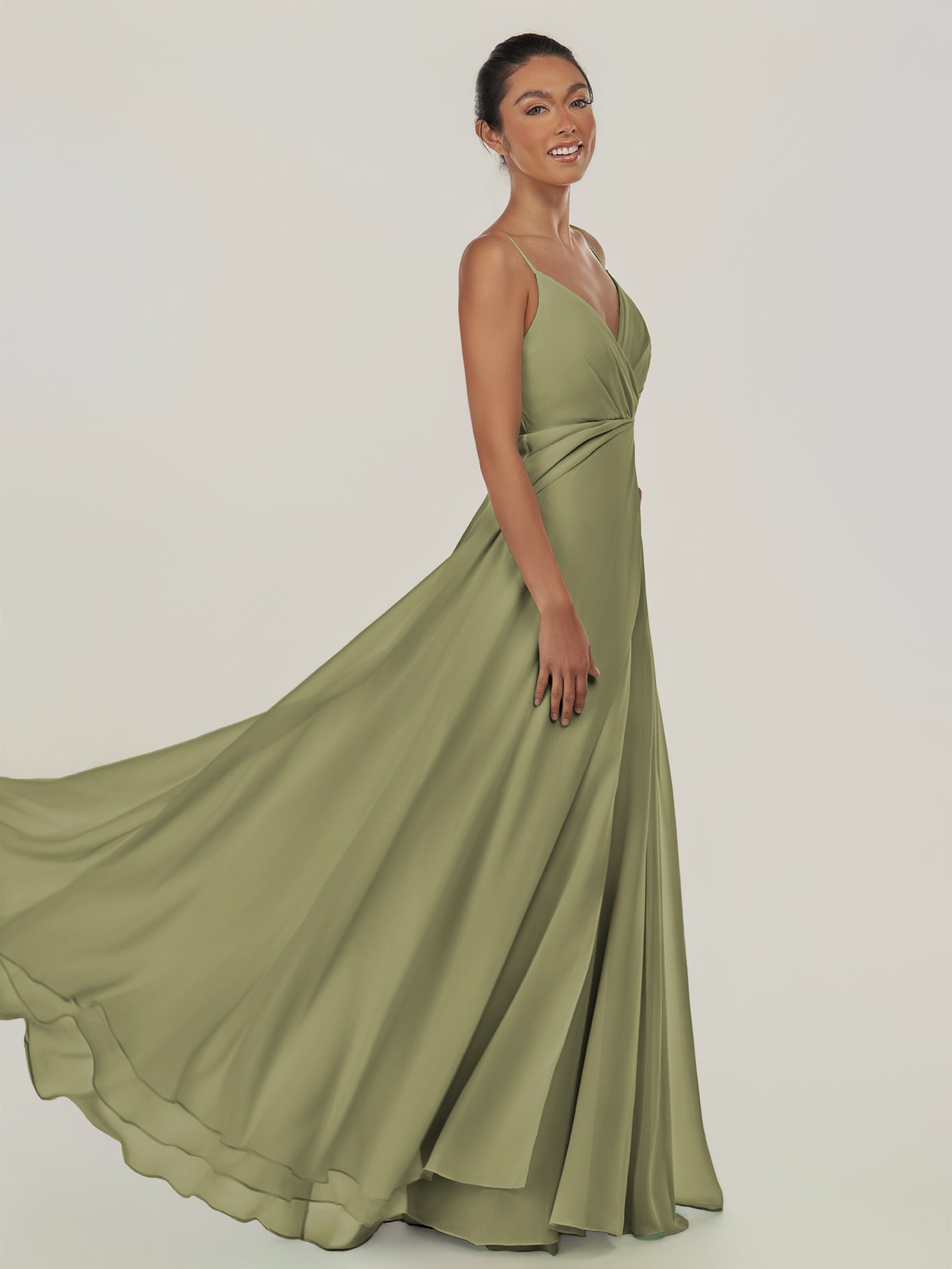 KissDress-Risa Thyme A Line Chiffon V Neck Long Bridesmaid Dress with Pleats