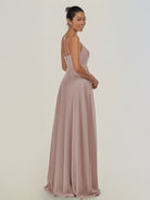 KissDress-Risa Toffee A Line Chiffon V Neck Long Bridesmaid Dress with Pleats
