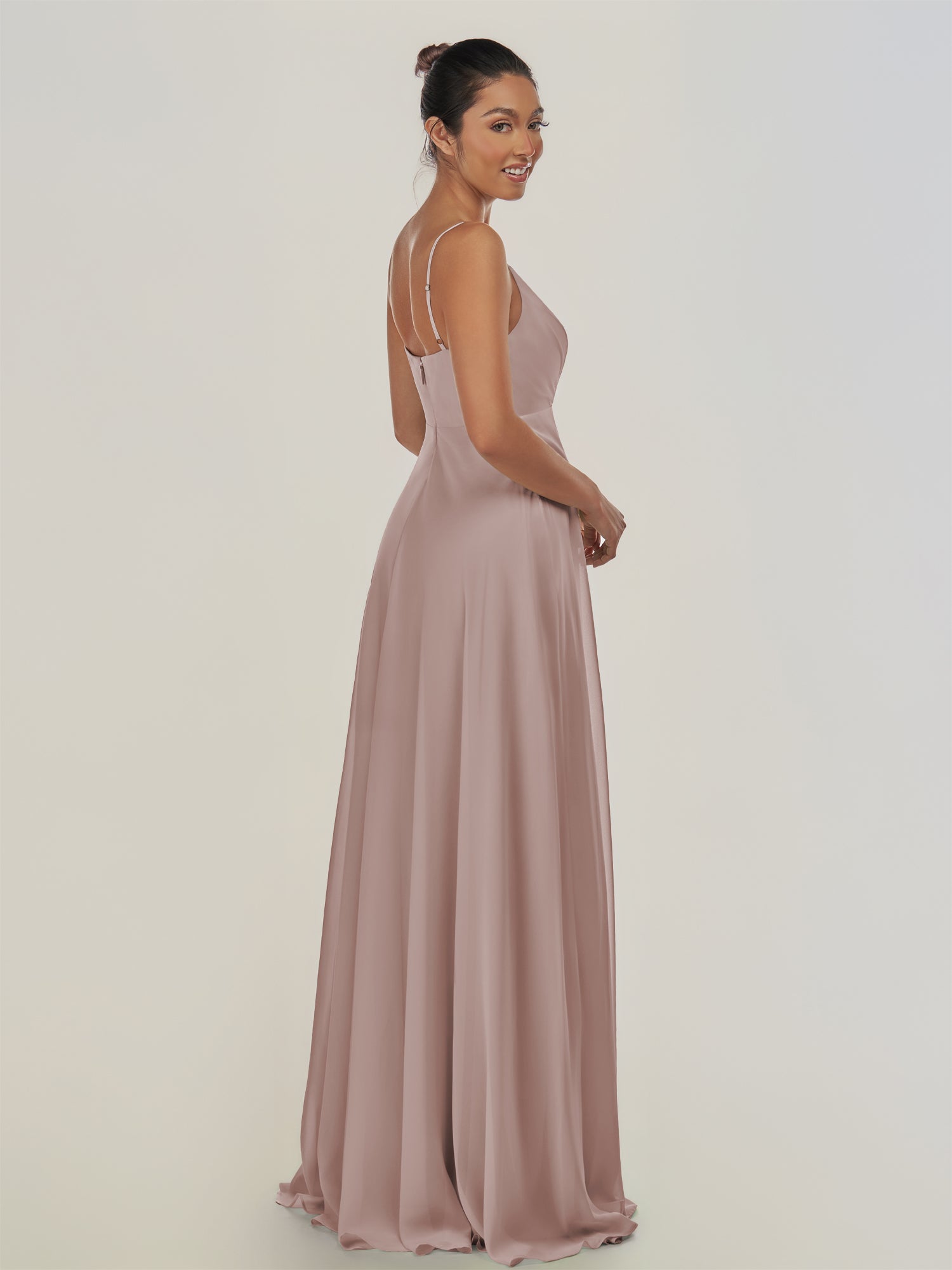 KissDress-Risa Toffee A Line Chiffon V Neck Long Bridesmaid Dress with Pleats