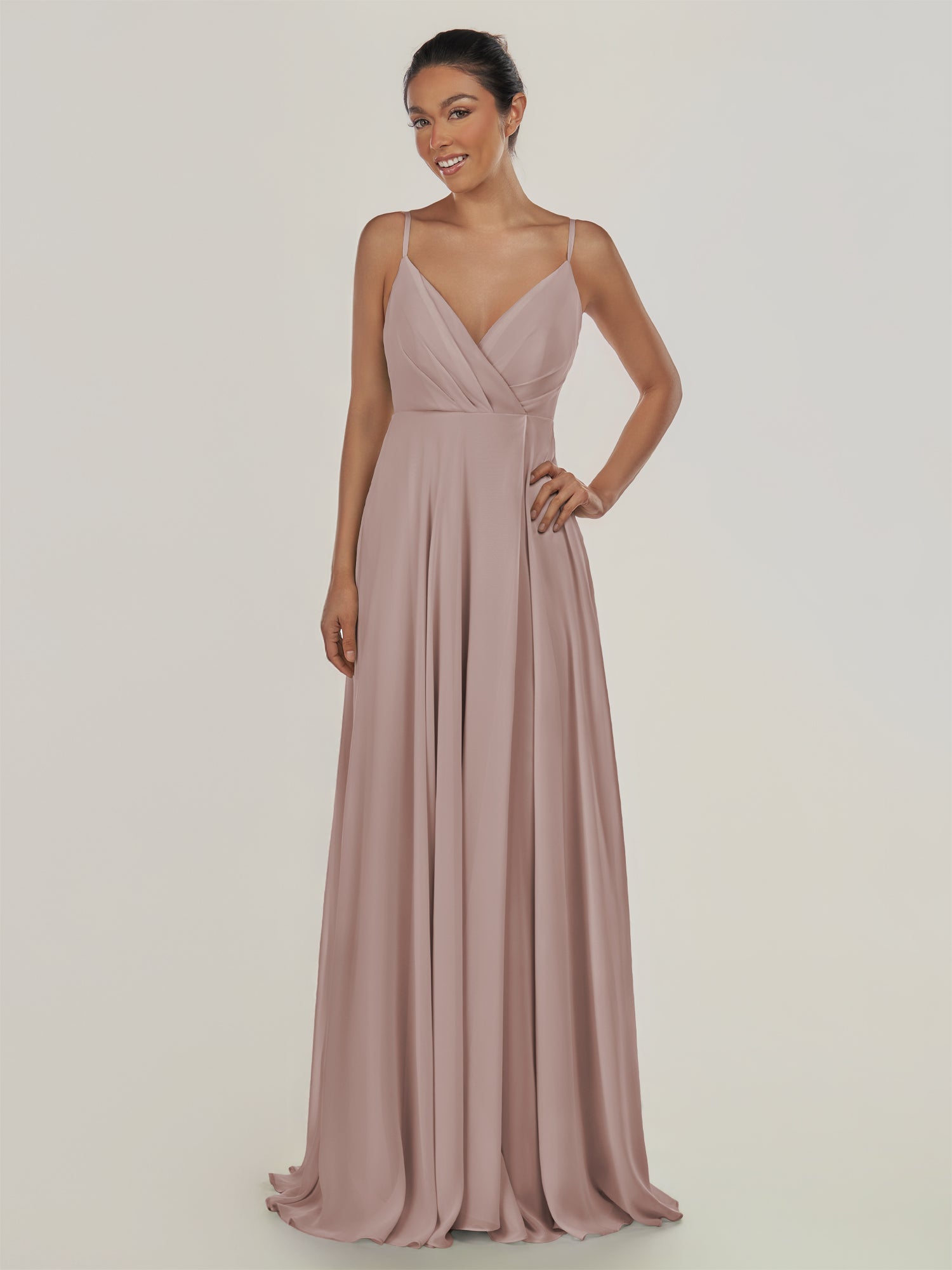 KissDress-Risa Toffee A Line Chiffon V Neck Long Bridesmaid Dress with Pleats