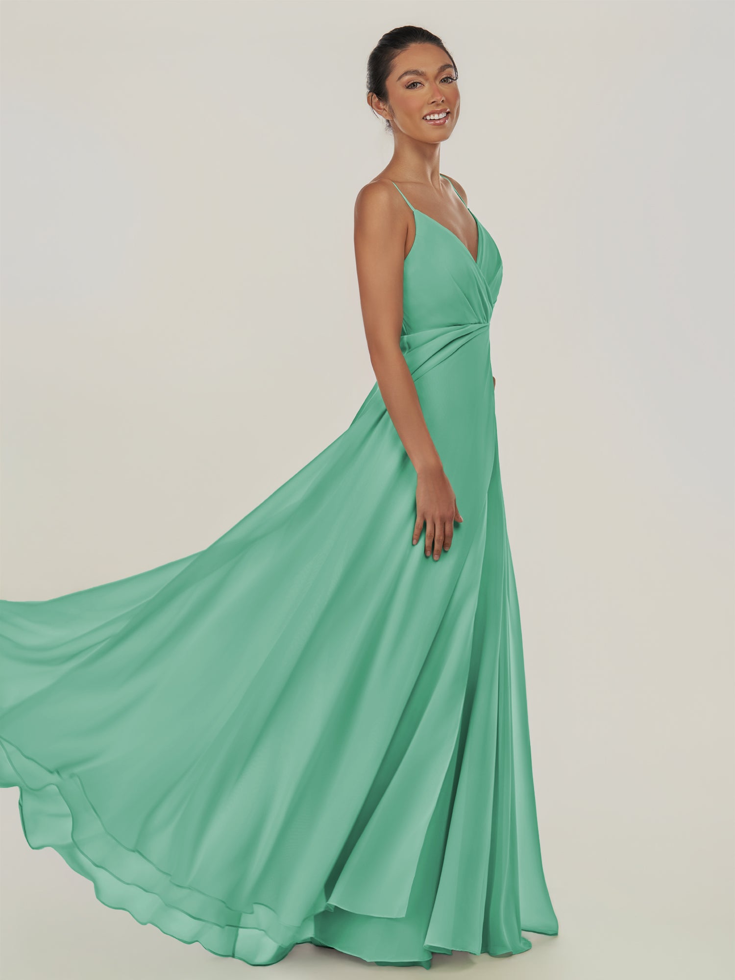 KissDress-Risa Turquoise A Line Chiffon V Neck Long Bridesmaid Dress with Pleats