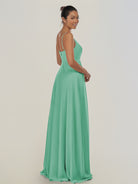 KissDress-Risa Turquoise A Line Chiffon V Neck Long Bridesmaid Dress with Pleats