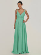 KissDress-Risa Turquoise A Line Chiffon V Neck Long Bridesmaid Dress with Pleats