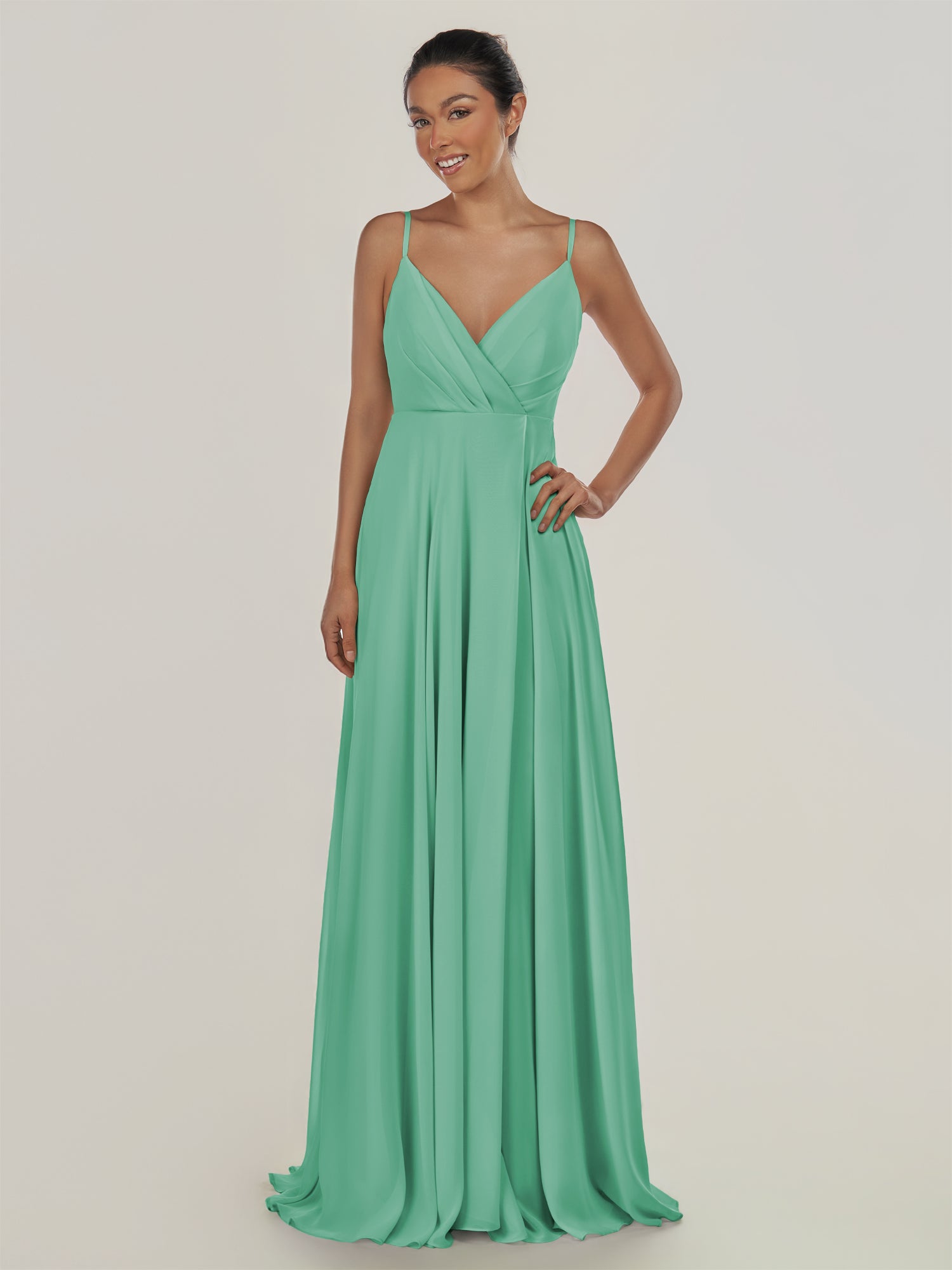 KissDress-Risa Turquoise A Line Chiffon V Neck Long Bridesmaid Dress with Pleats