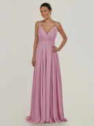 KissDress-Risa Vintage Mauve A Line Chiffon V Neck Long Bridesmaid Dress with Pleats