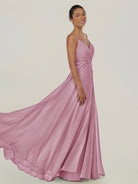 KissDress-Risa Vintage Mauve A Line Chiffon V Neck Long Bridesmaid Dress with Pleats