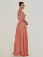KissDress-Risa Wild Rose A Line Chiffon V Neck Long Bridesmaid Dress with Pleats